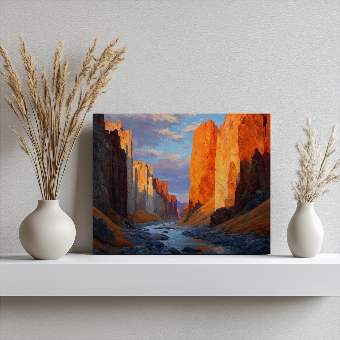 Sunset Red Rock Canyon River Painting Glowing Cliffs Landscape Poster