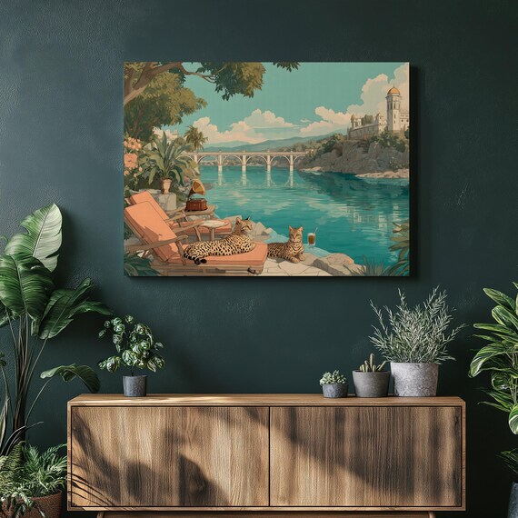Vintage Leopards Lounging Riverside Pool Travel Illustration Poster