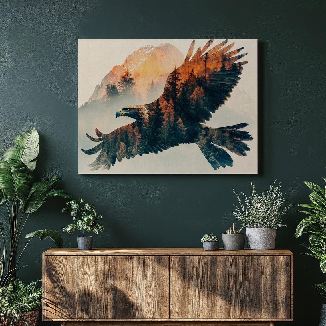 Soaring Eagle Double Exposure Mountain Forest Canvas Wall Art