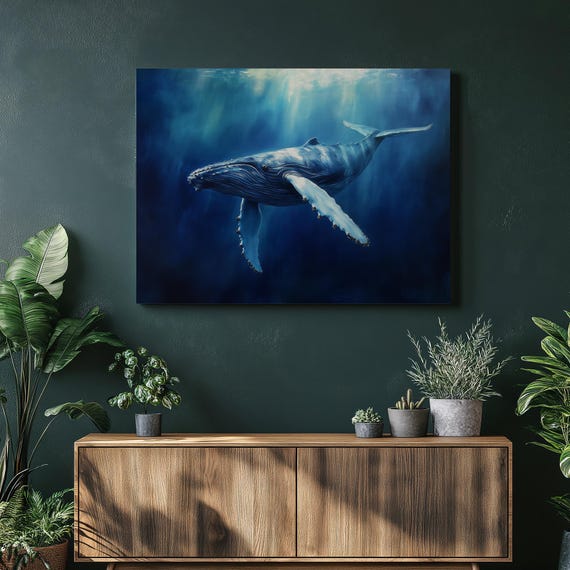 Whale Wall Art Humpback Ocean Decor Underwater Sea Life Paintings Wildlife Painting Blue