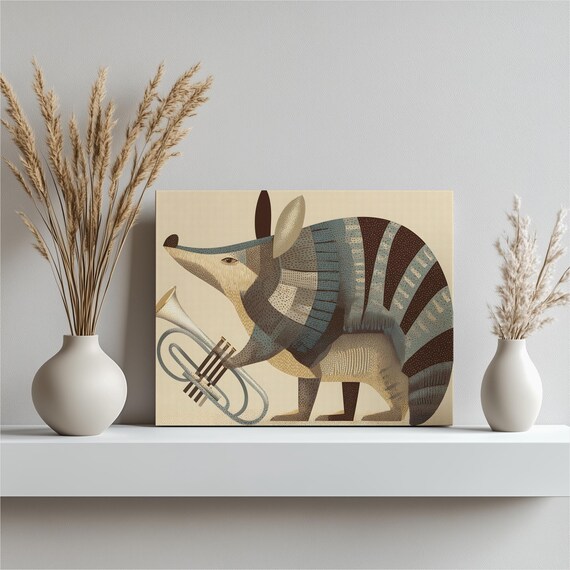 Armadillo Playing Trumpet Mid Century Modern Whimsical Animal Art Poster