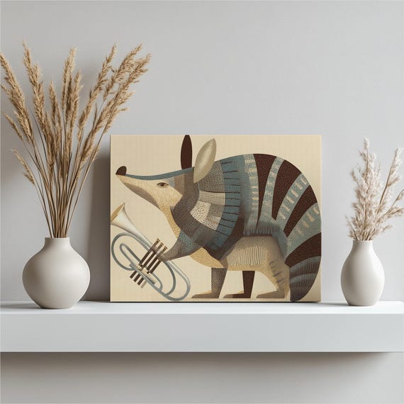 Retro Armadillo Trumpet Canvas Wall Art Mid Century Modern Animal Music Decor Wildlife Painting Print Style Illustration Gift