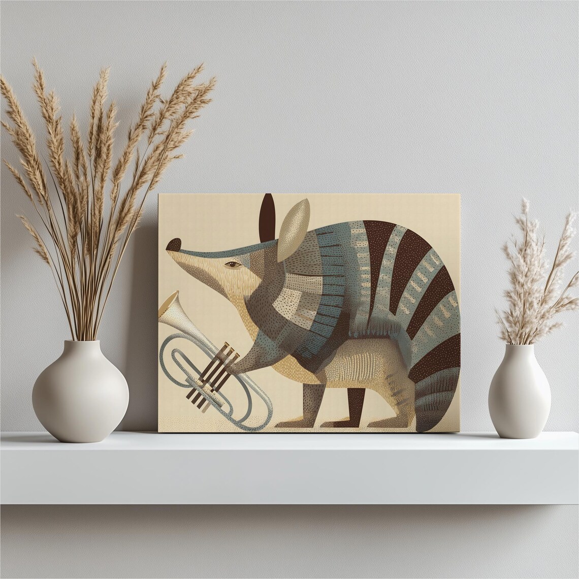 Armadillo Playing Trumpet Mid Century Modern Whimsical Animal Art Poster