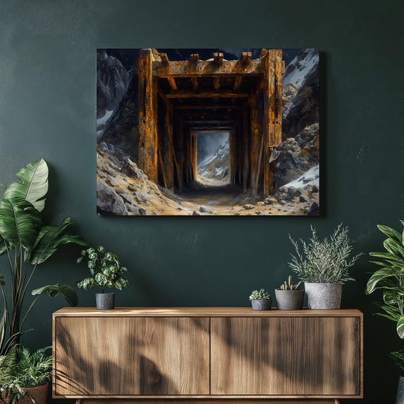 Abandoned Mine Entrance Canvas Wall Art Moody Mountain Tunnel Painting Weathered Timber Rocky Canyon Landscape Mining Decor Print