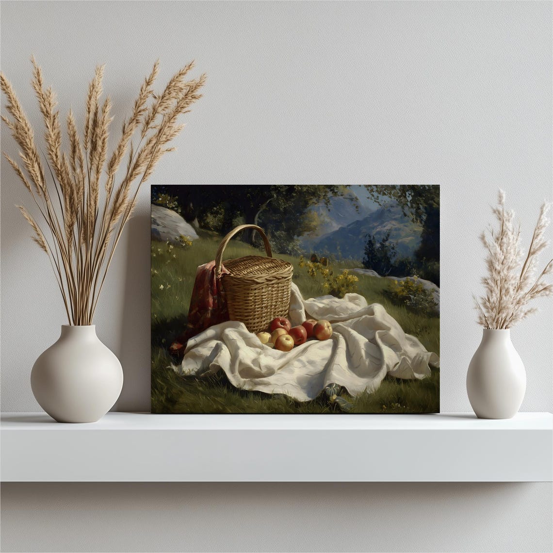 Rustic Picnic Basket with Apples Meadow Still Life Art Poster