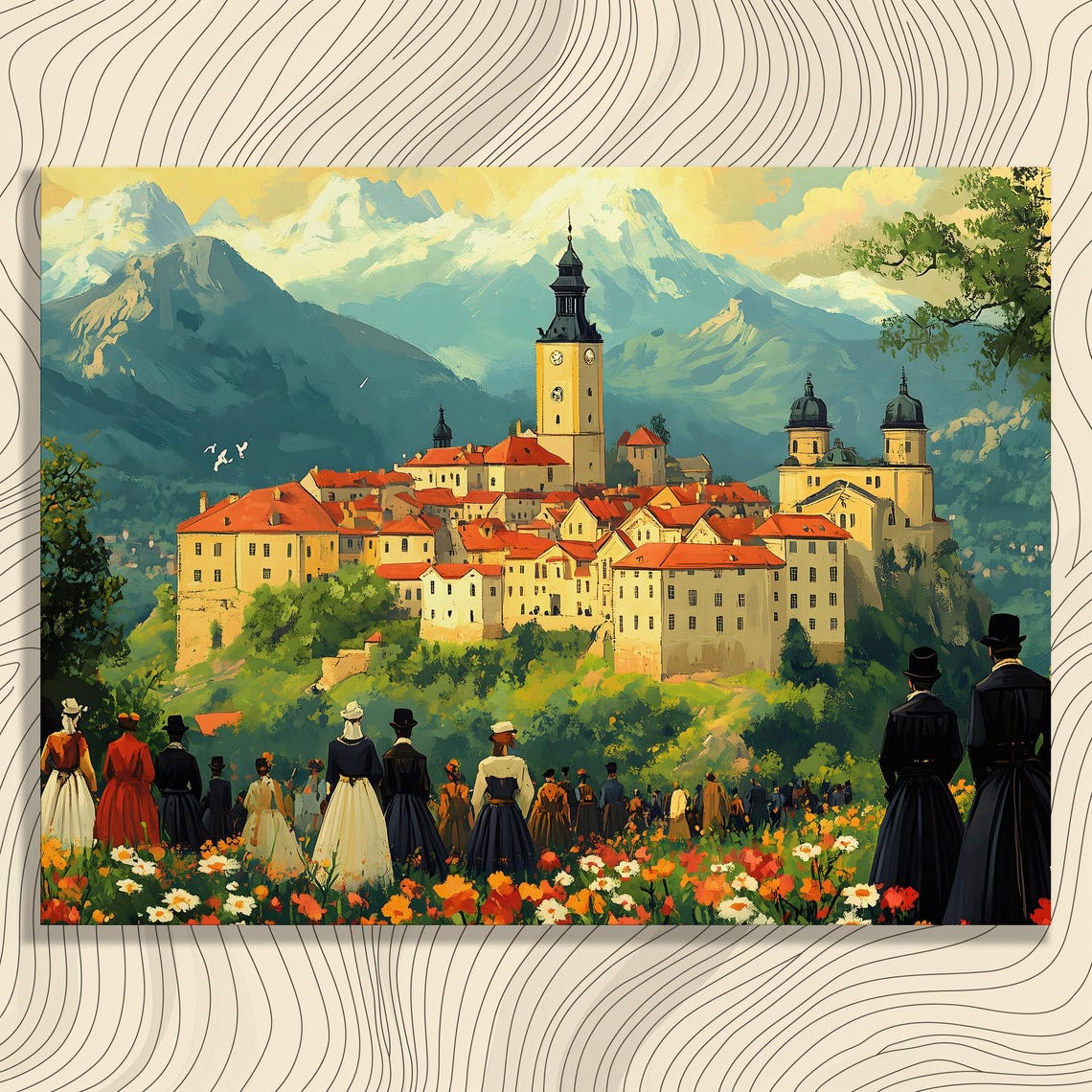 Alpine Village Church Clock Tower Flower Fields Mountain Poster