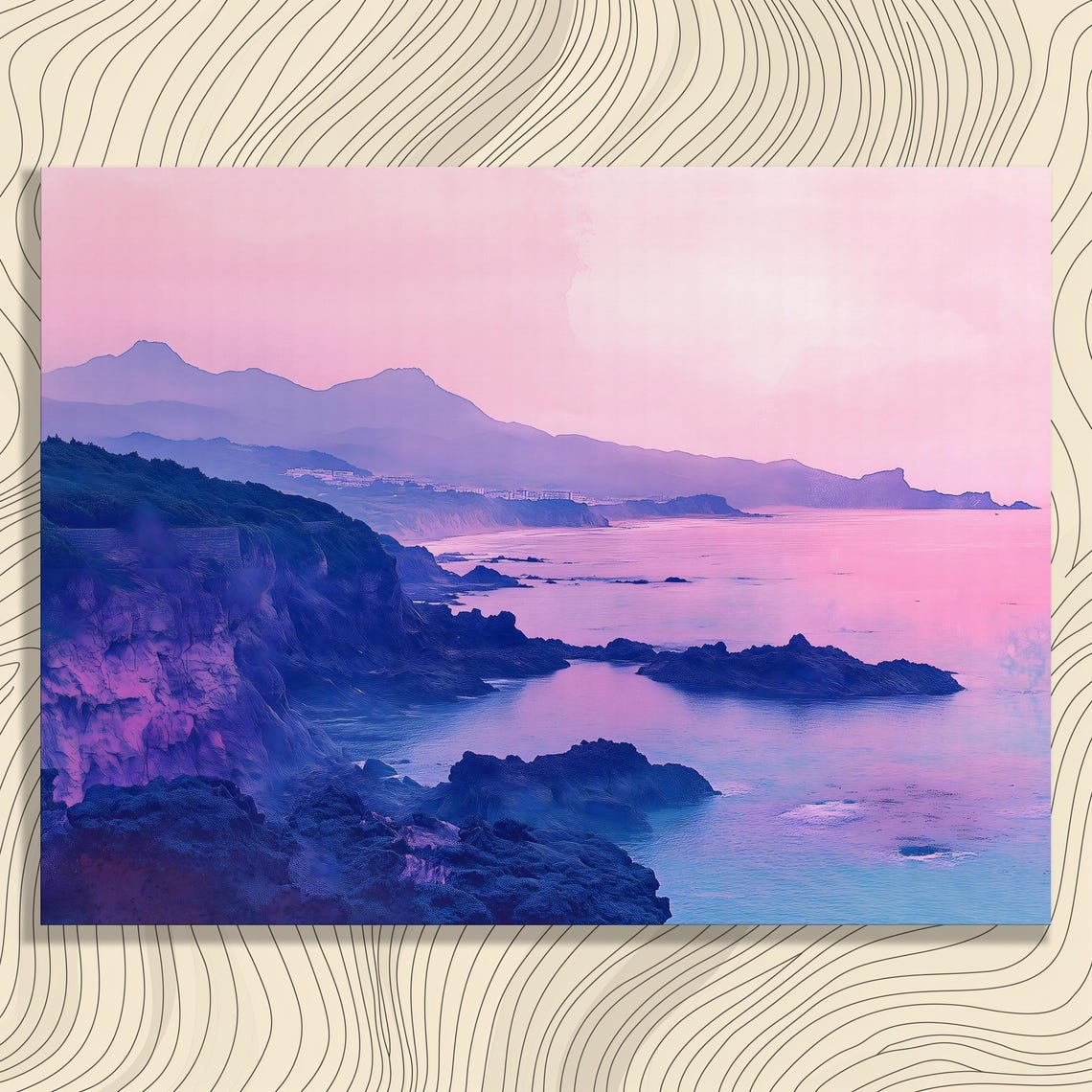 Coastal Cliffs Pink Sunset Purple Mountains Ocean Landscape Art Poster