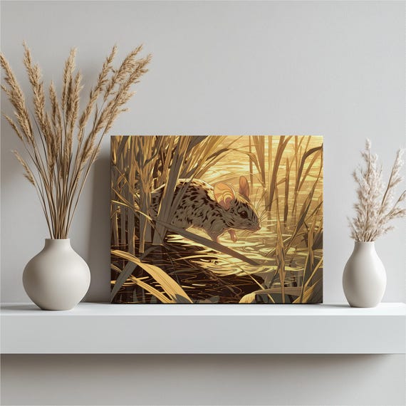 Mouse Marsh Sunset Canvas Wall Art Modern Wildlife Scene Nature Decor With Reeds Wetland Golden Water Reflections Rodent Illustration