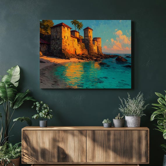 Tropical Castle Seascape Canvas Wall Art Coastal Decor Print Medieval Fortress Turquoise Water Sunset Painting Ocean Gift