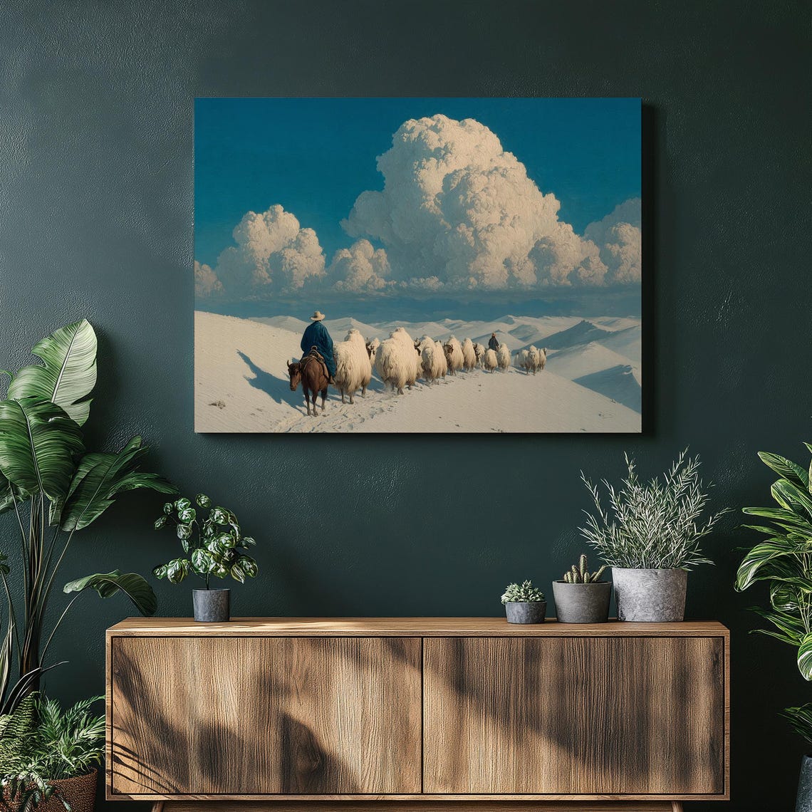 Shepherd Leading Sheep Across Desert Dunes Pastoral Painting Poster