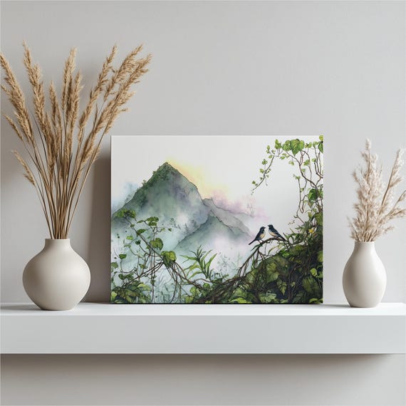 Tropical Rainforest Birds Canvas Wall Art Watercolor Botanical Print Jungle Vines Foliage Misty Mountain Valley Sunrise Sky