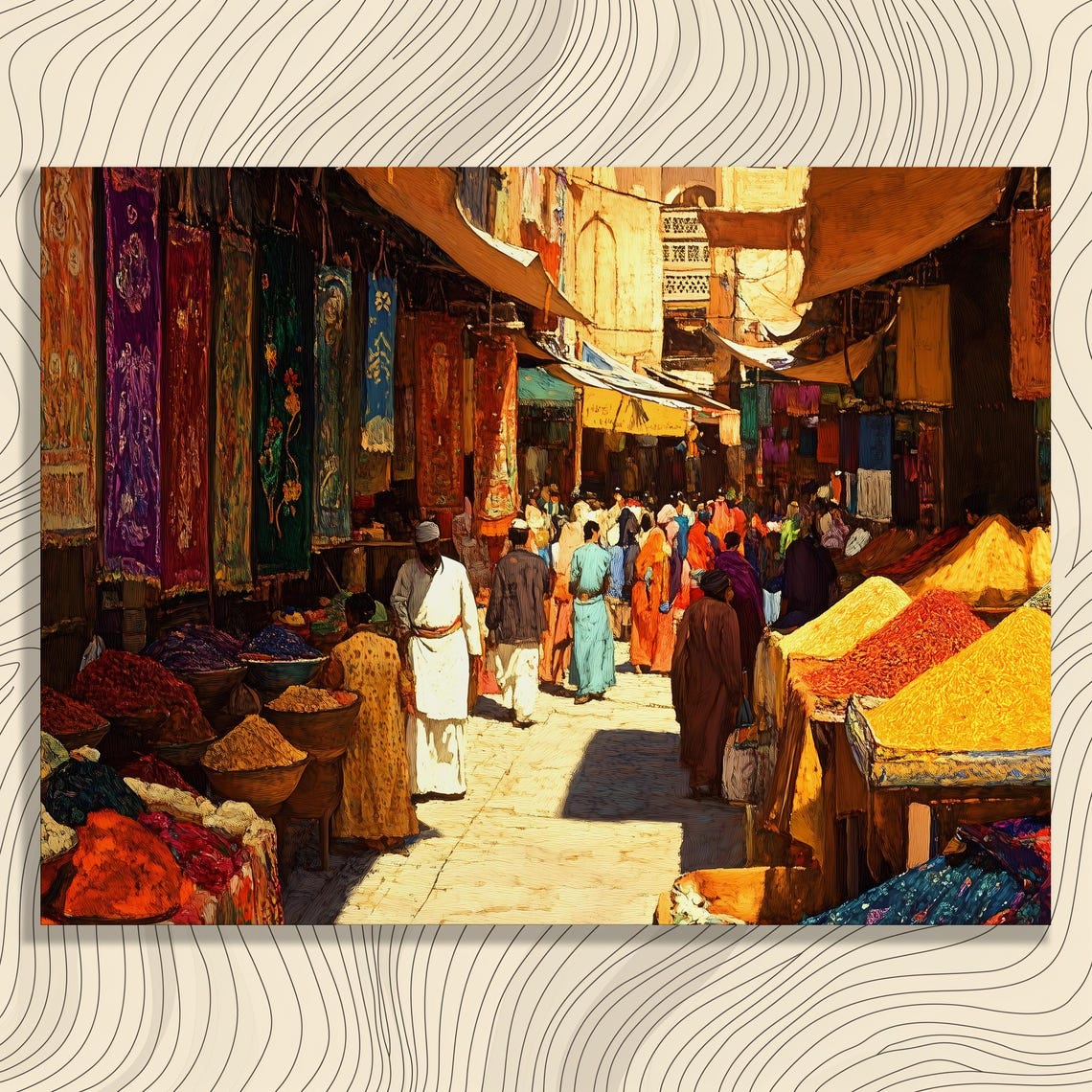 Spice Market Bazaar Canvas Wall Art Vibrant Textile Stalls Street Scene Painting Print Travel Decor Cultural Marketplace For Travelers