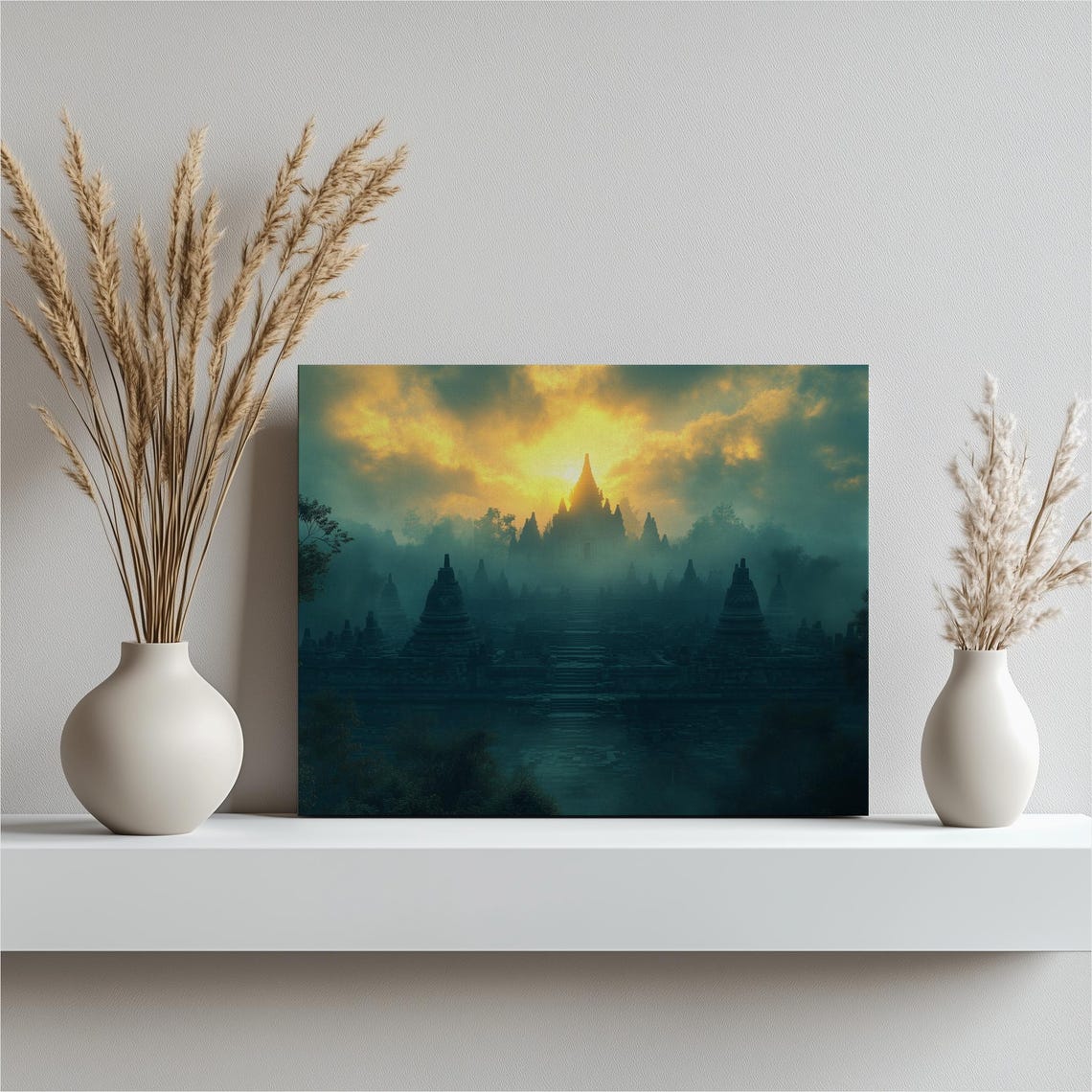 Borobudur Temple Sunrise Misty Jungle Golden Sky Dawn Poster