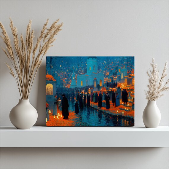 Moody Cemetery Candlelight Canvas Wall Art Gothic Chapel Procession Nighttime Landscape With Marigold Blossoms Candles Reflected Water
