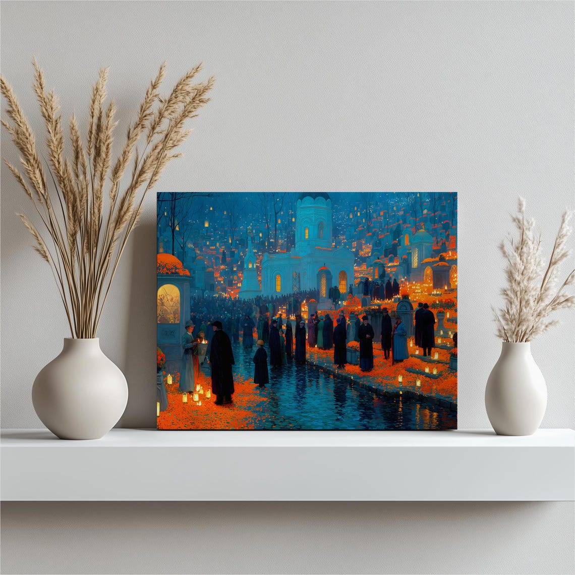 Moody Cemetery Candlelight Canvas Wall Art Gothic Chapel Procession Nighttime Landscape With Marigold Blossoms Candles Reflected Water