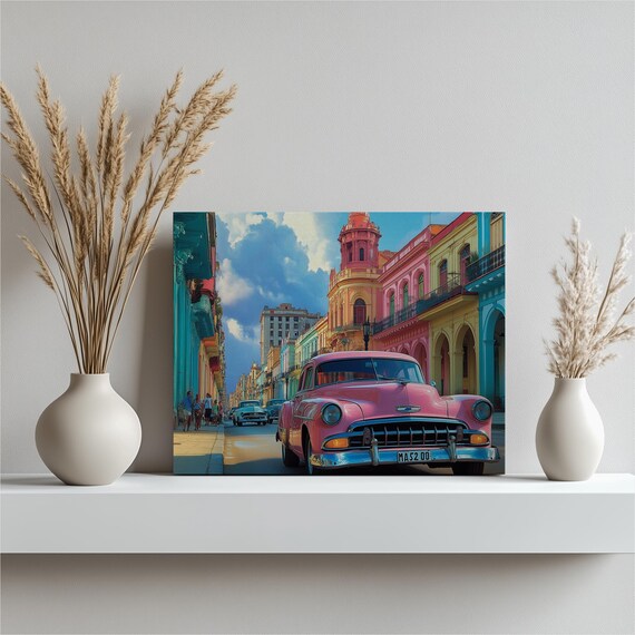 Havana Cuba Pink Vintage Classic Car Colorful Street Scene Poster