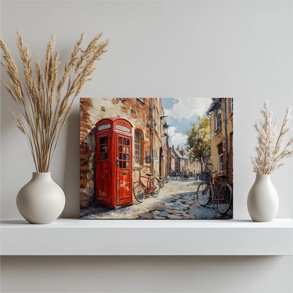 Red Phone Booth Canvas Wall Art Vintage European Cobblestone Street With Bicycles And Brick Buildings Cityscape Painting For Home Decor