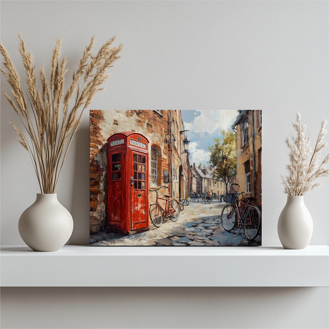 Vintage Red Phone Booth Cobblestone Street Bicycles Canvas Wall Art