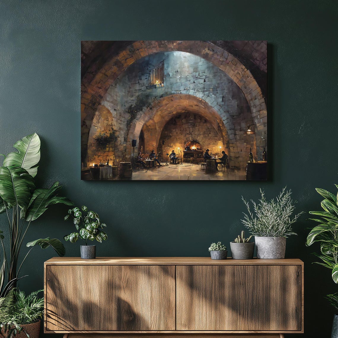 Rustic Wine Cellar Vaulted Stone Arches Candlelit Dinner Art Poster