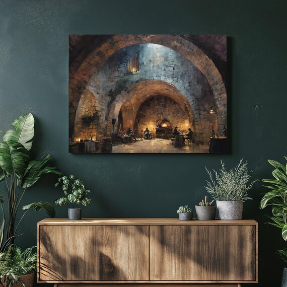 Rustic Wine Cellar Vaulted Stone Arches Candlelit Dinner Art Poster