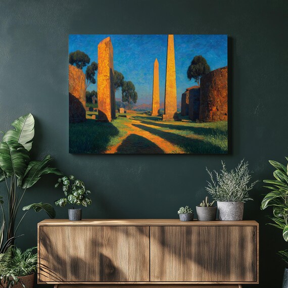 Ancient Obelisks Golden Sunset Tall Stone Pillars Landscape Poster
