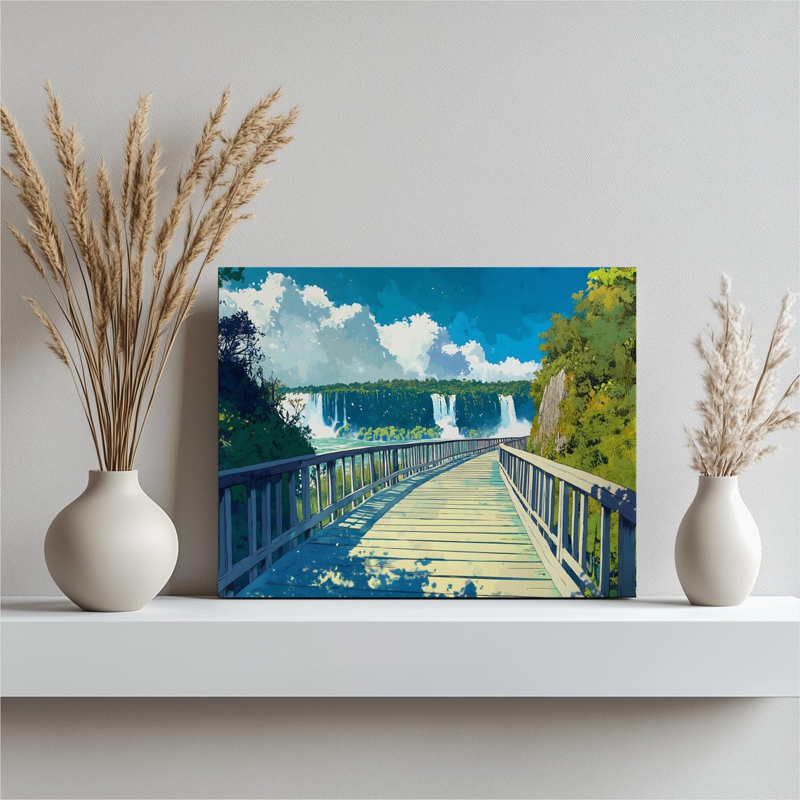 Vibrant Waterfall Boardwalk Canvas Wall Art Colorful Tropical Scene