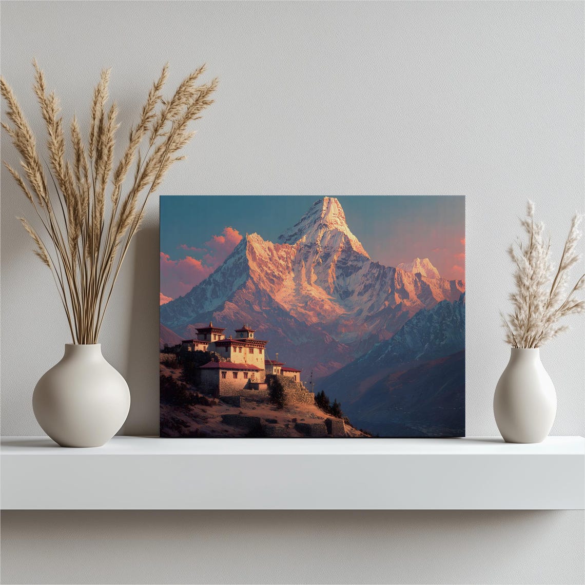 Himalayan Mountain Monastery At Sunset Snow Peaks Travel Art Poster