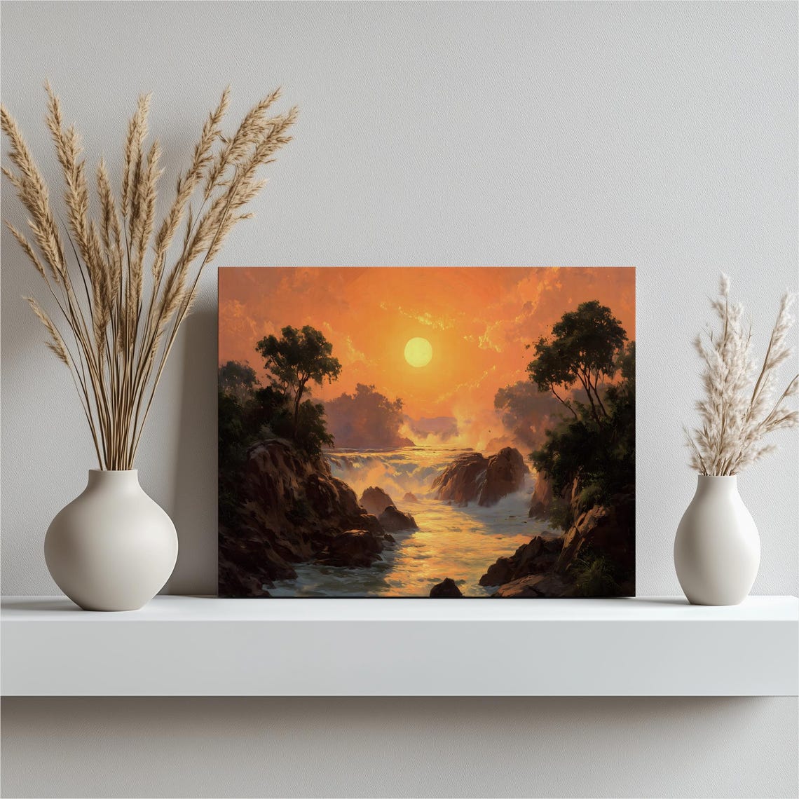 Sunset River Rapids Landscape Painting Golden Water Art Poster