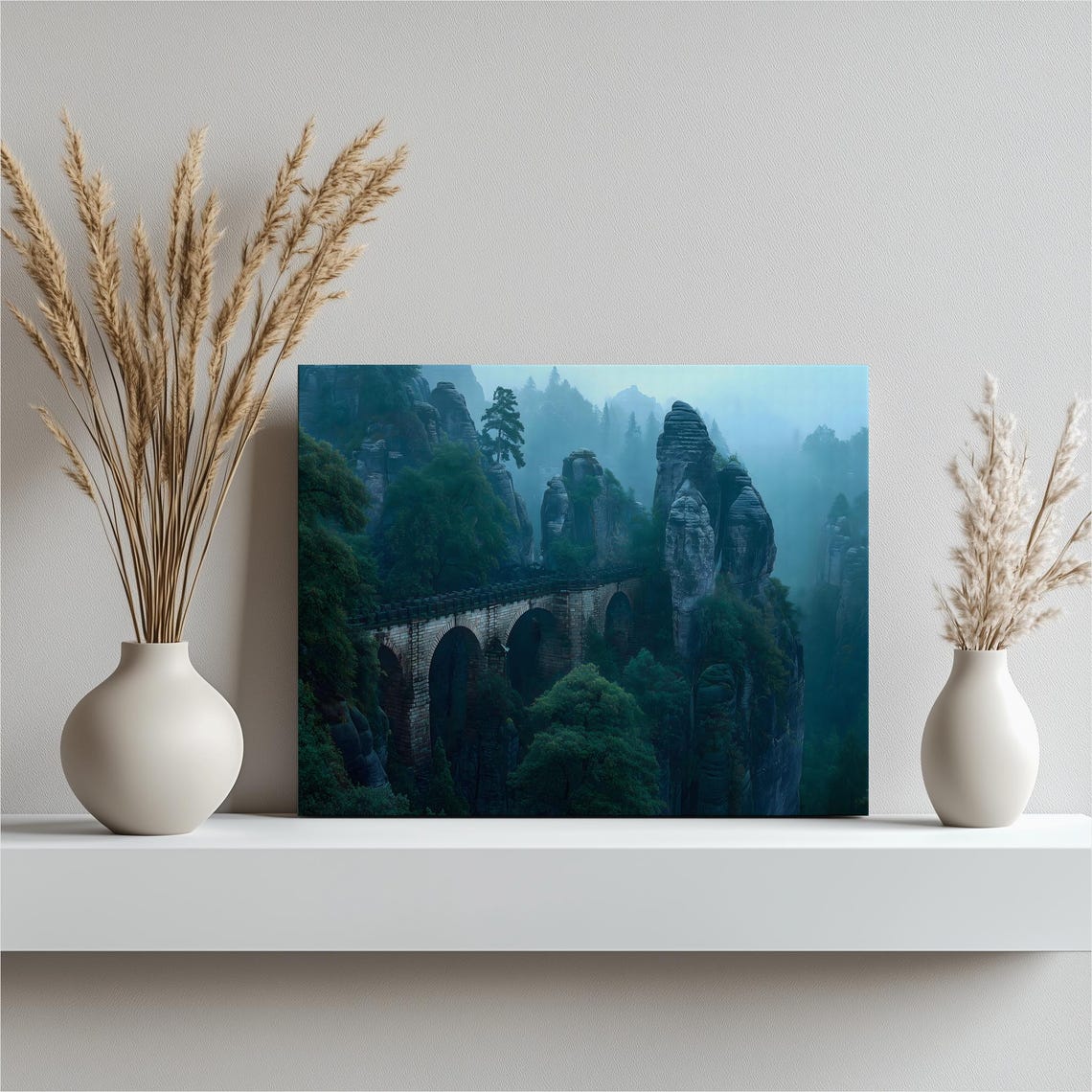 Misty Stone Arch Bridge Foggy Mountain Spires Canyon View Poster