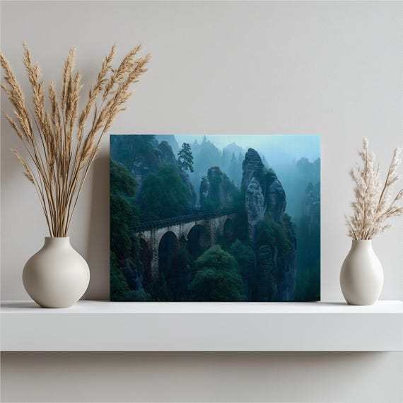 Misty Canyon Canvas Wall Art Stone Arch Bridge Foggy Mountain Landscape Dark Rustic Nature Decor Blue Green Print Gallery Wrap