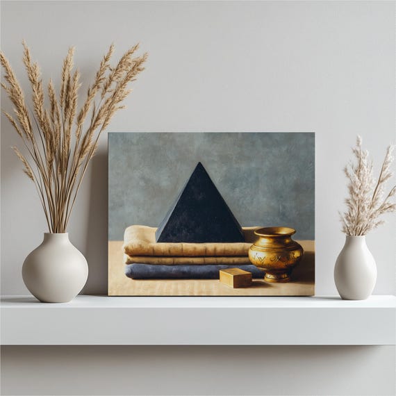 Modern Still Life Canvas Wall Art Minimalist Neutral Decor Realism Painting Brass Vase Pyramid Cube Geometric Details Ready To Hang Gift