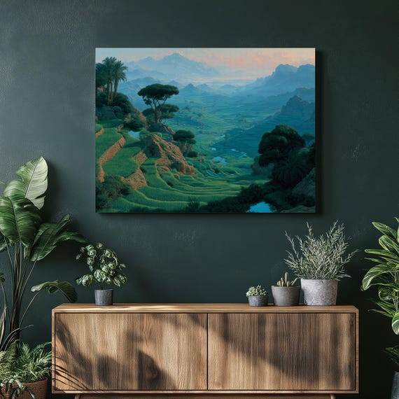 Rice Terrace Mountain Canvas Wall Art Lush Green Terraced Fields Sunrise Landscape Scenic Print Nature Decor