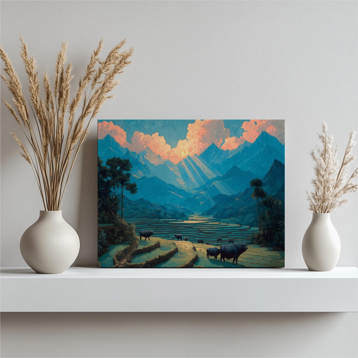 Rice Terraces Sunset Mountain Water Buffalo Landscape Poster