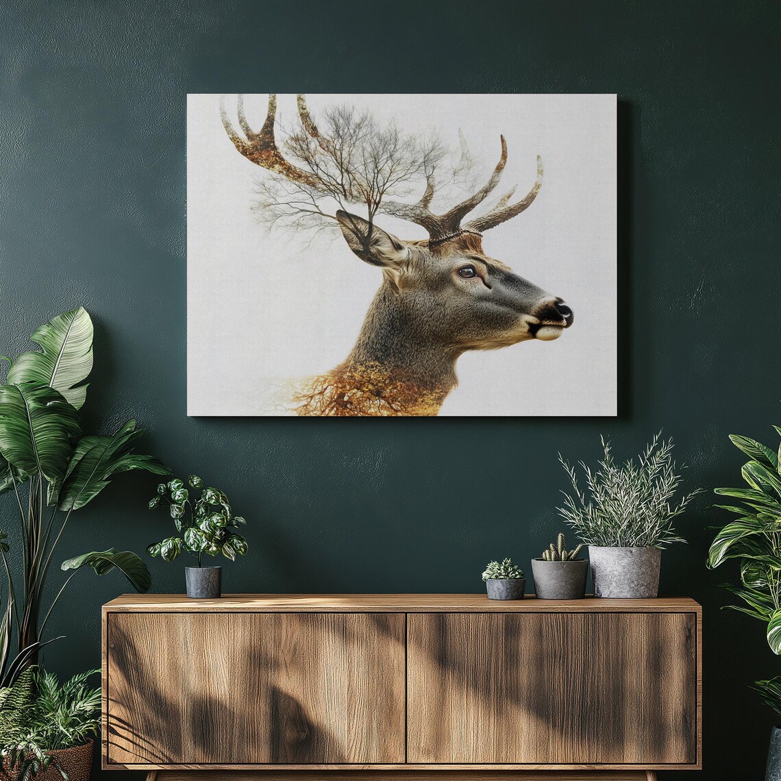 Deer Antler Tree Double Exposure Surreal Wildlife Art Poster