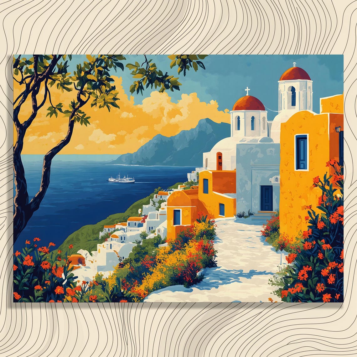 Colorful Mediterranean Seaside Village Domed Church Coastal Poster