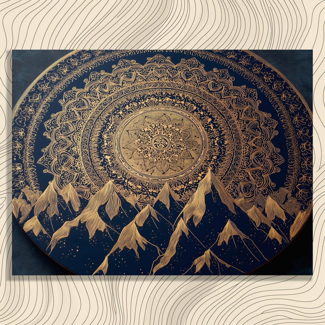 Gold Mandala Mountain Poster Intricate Navy Blue Zen Meditation Art