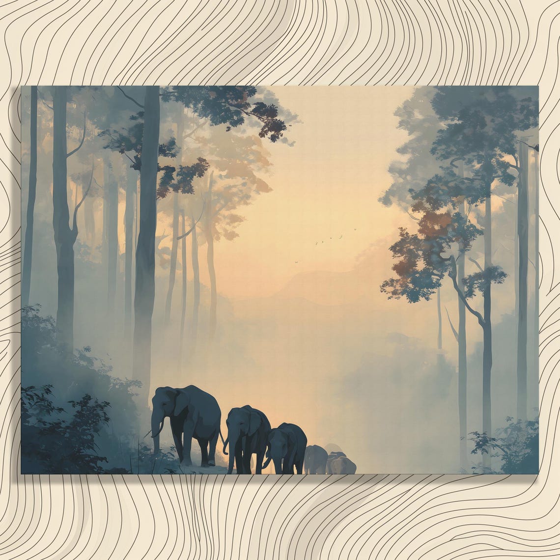 Elephant Herd Silhouette Misty Forest Dawn Wildlife Animal Poster