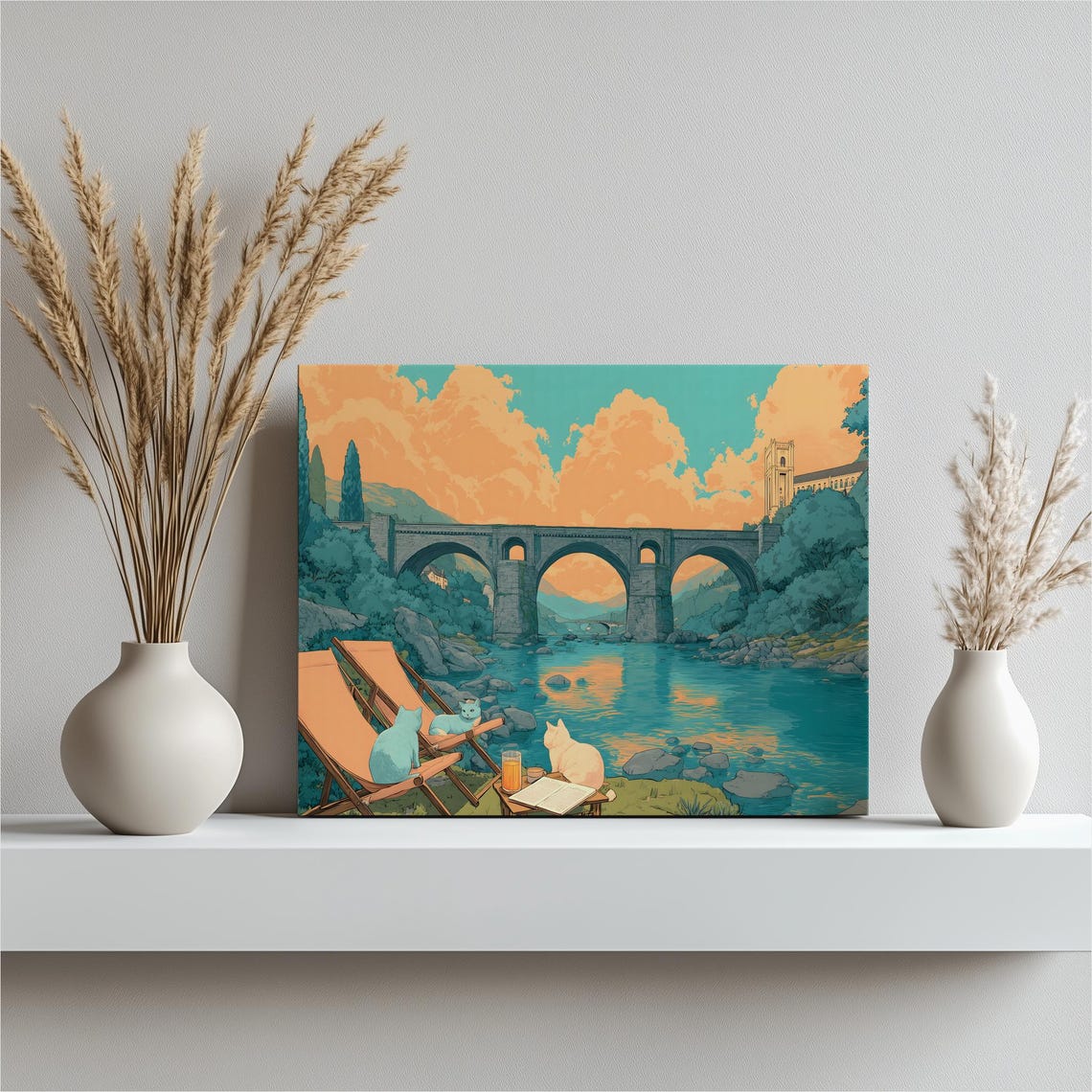 Cats Lounging by Stone Bridge River Retro Travel Style Poster