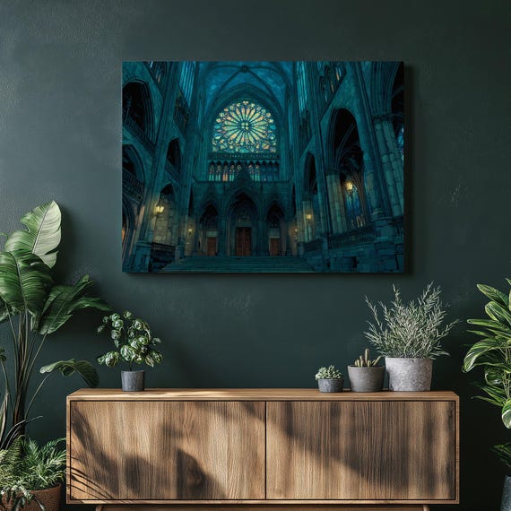 Gothic Cathedral Interior Canvas Wall Art Stained Glass Rose Window Architecture Illustration Blue Green Artwork