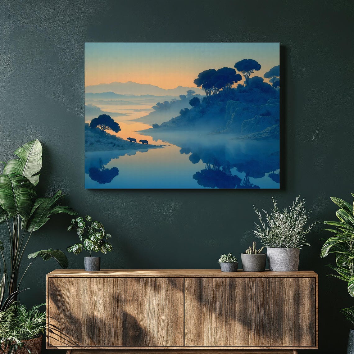 Hippo Sunrise Misty River Serene Blue Wildlife Landscape Poster