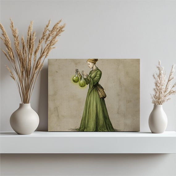Renaissance Woman with Alchemical Flasks Vintage Botanical Art Poster