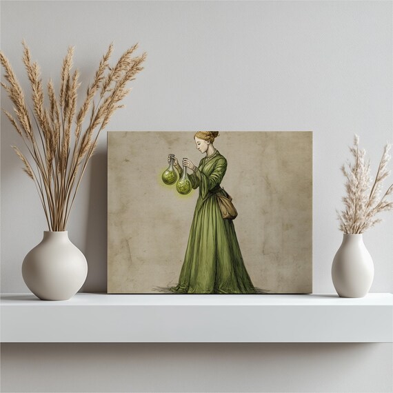 Vintage Alchemist Potion Canvas Wall Art Medieval Artwork Female Magic Apothecary Gift Glass Flask Manuscript Print