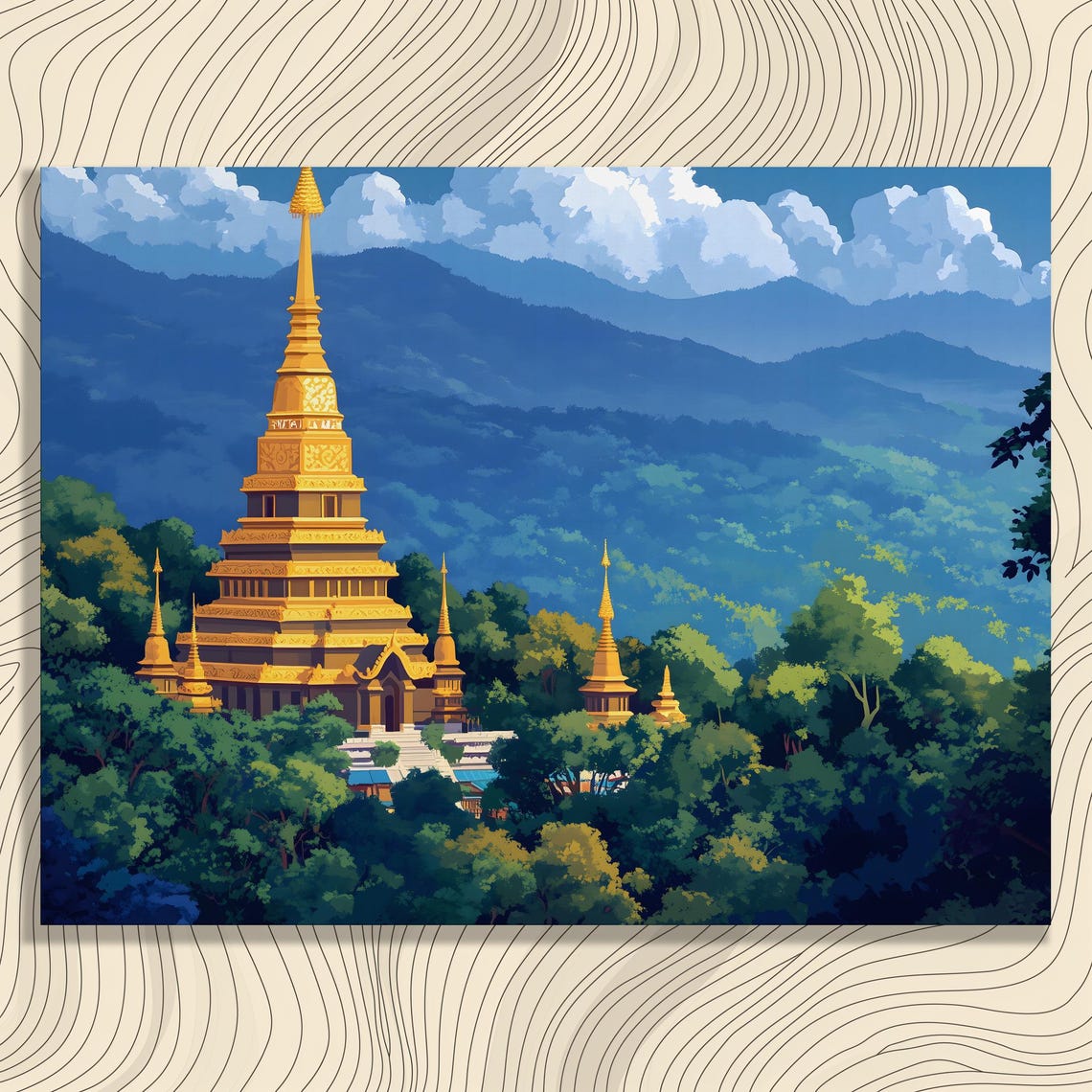 Golden Buddhist Temple Mountain Forest Illustration Travel Poster