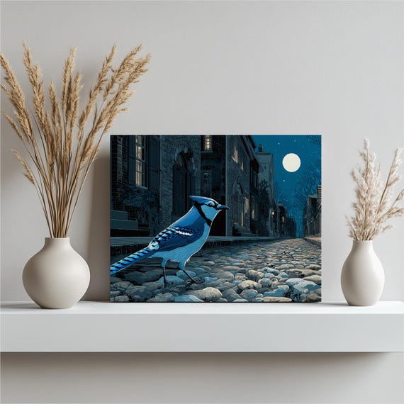 Blue Jay Night Canvas Wall Art Full Moon Starry Sky Over Cobblestone Alley Brick Buildings Streetlamp Modern Nature Decor Bird Print