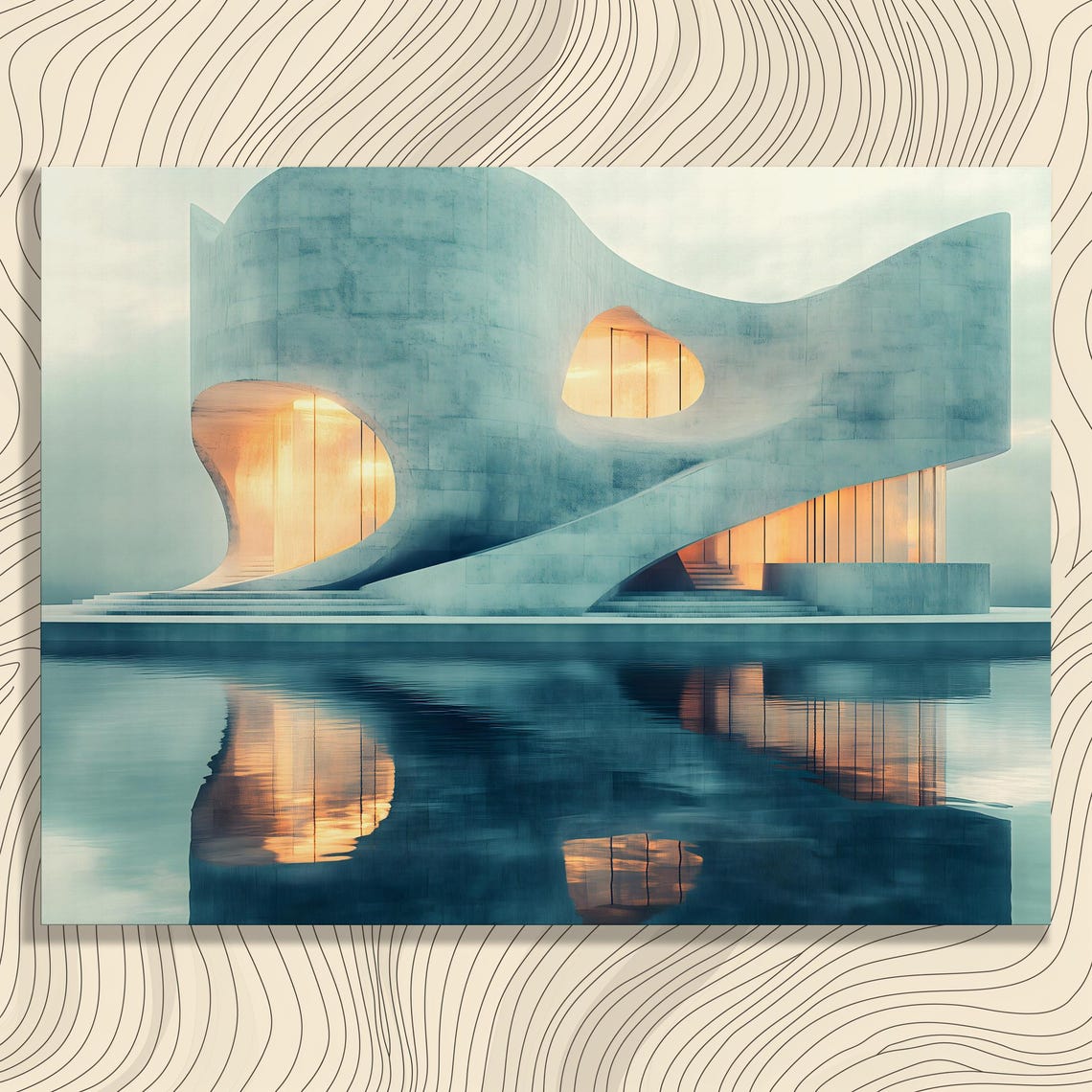 Futuristic Sculptural Building Over Water Modern Architecture Poster