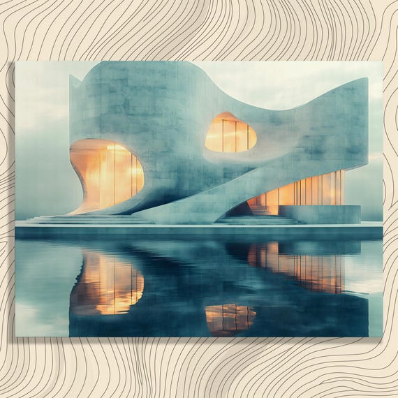 Modern Futurism Canvas Wall Art Blue Gray Architectural Curves Water Reflection Print For Architects Designers Home Decor Enthusiasts