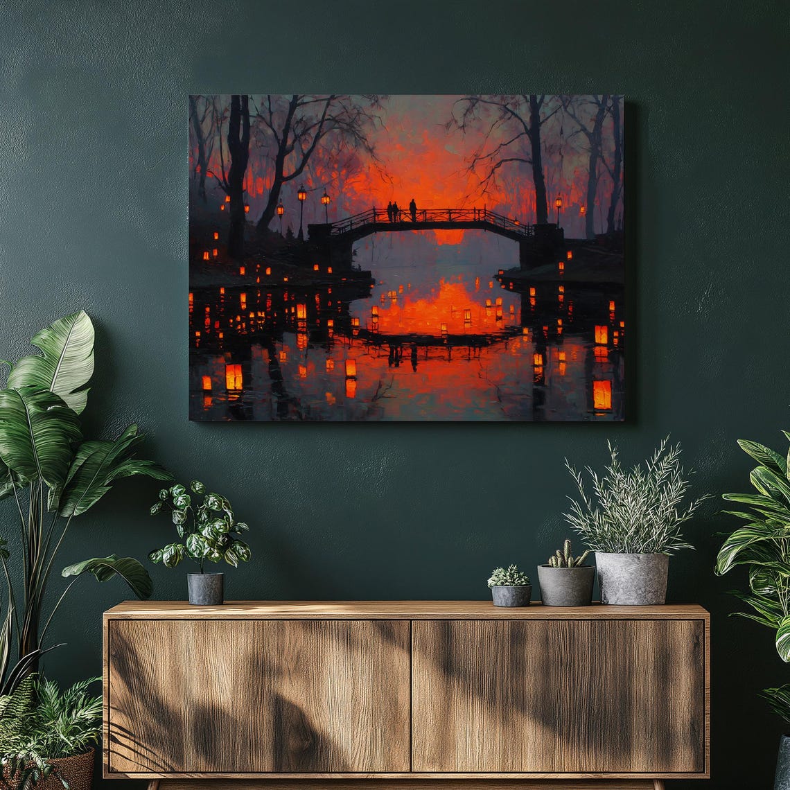 Floating Lanterns Sunset Bridge Lake Reflection Evening Art Poster