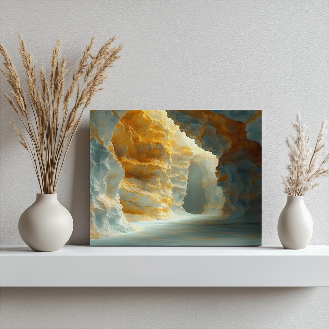Luminous Cave Passage Abstract Surreal Cavern Gold Teal Wall Art