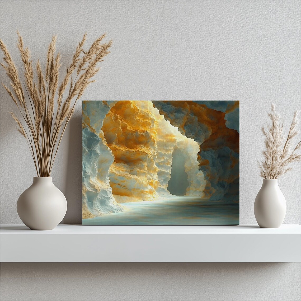Luminous Cave Passage Canvas Wall Art Abstract Surreal Cavern Print Blue Green Gold Modern Decor Painting Nature Gift