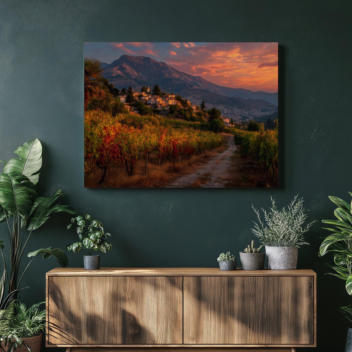 Golden Sunset Vineyard Hillside Town Landscape Canvas Poster